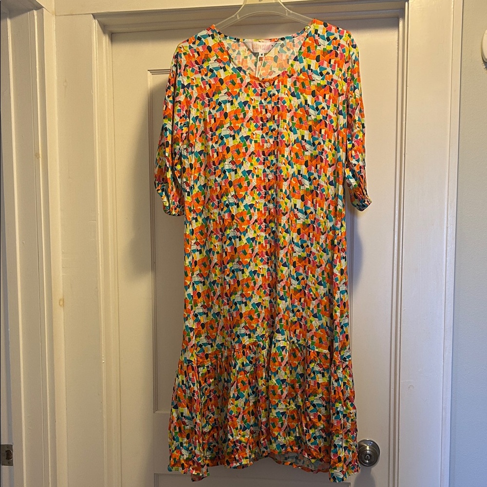Briton Court Midi Dress with Belt in Multicolor Abstract Print - Medium, NWT